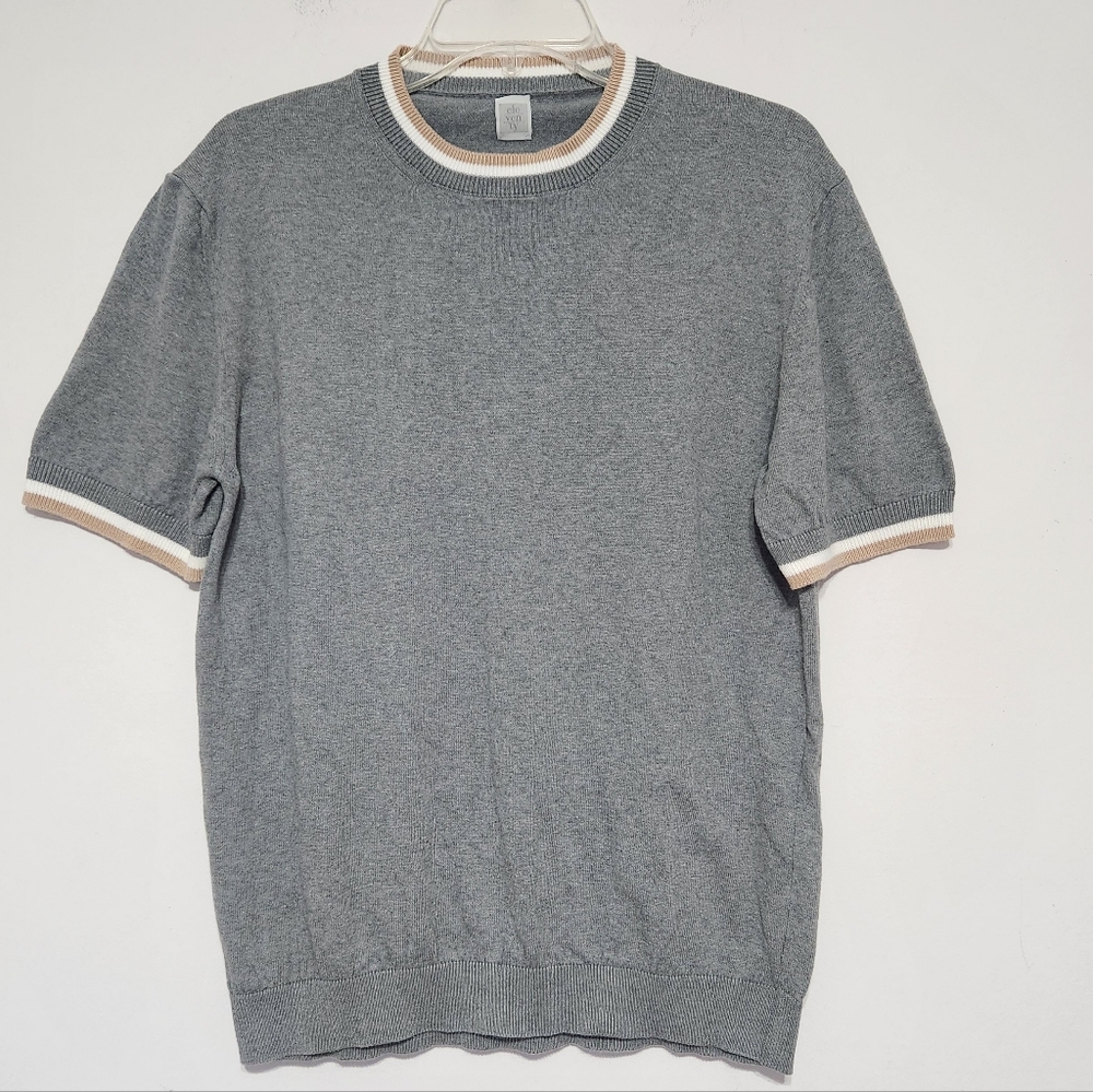 Eleventy Men's Gray Short Sleeve Sweater Crewneck White Tan At Neck & Sleeve L